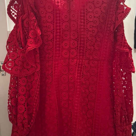 French Connection Lace Red Balloon Sleeve V-Neck Dress - Picture 9 of 13